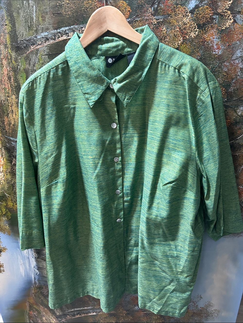 Maggie Barnes Heathered Green Short-Sleeve Button-Down Shirt